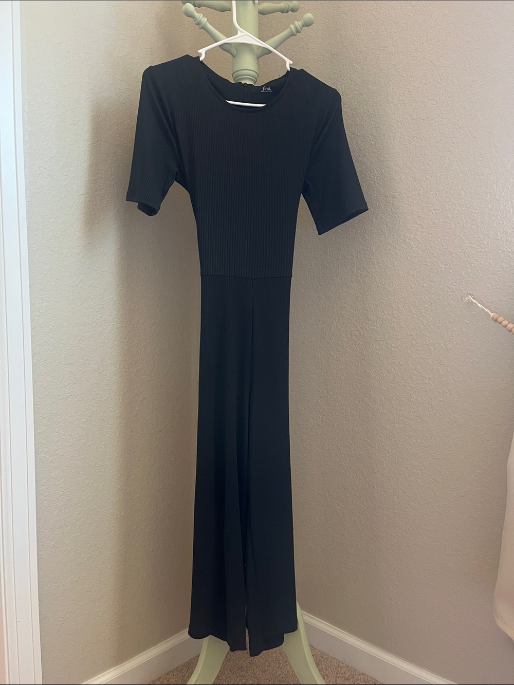 Women's Black Wide-Leg Ribbed Jumpsuit
